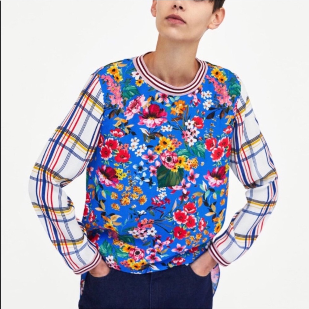 Zara Multicolor Floral Plaid L/S Asymmetrical Length Top w/ Ringer Stripe Neck